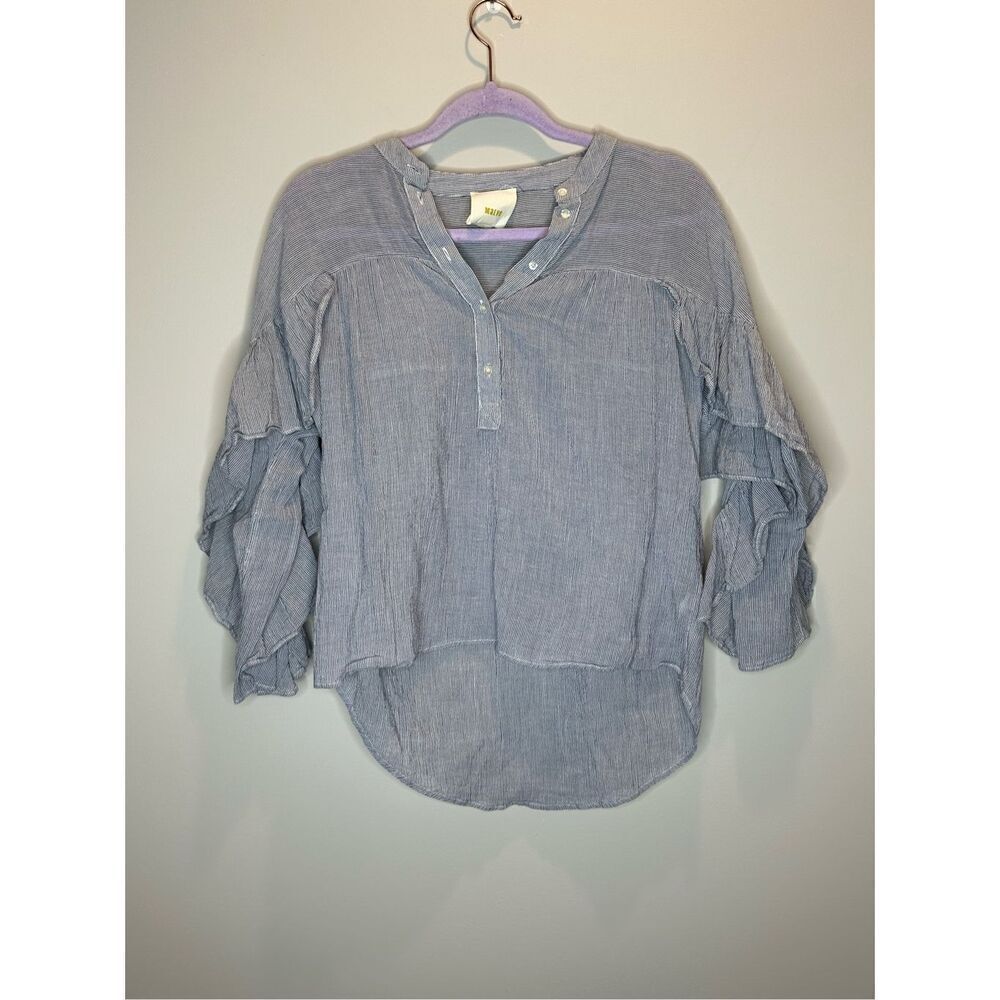 Maeve Anthropologie Blue and White Striped Ruffle Top Size XS